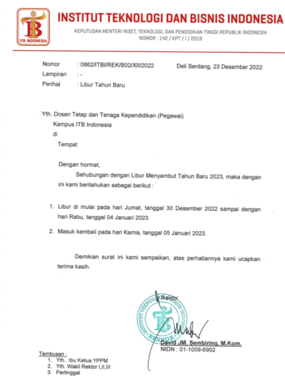 Pengumuman libur Natal dan Tahun Baru Tahun 2023 Institut Teknologi dan Bisnis Indonesia