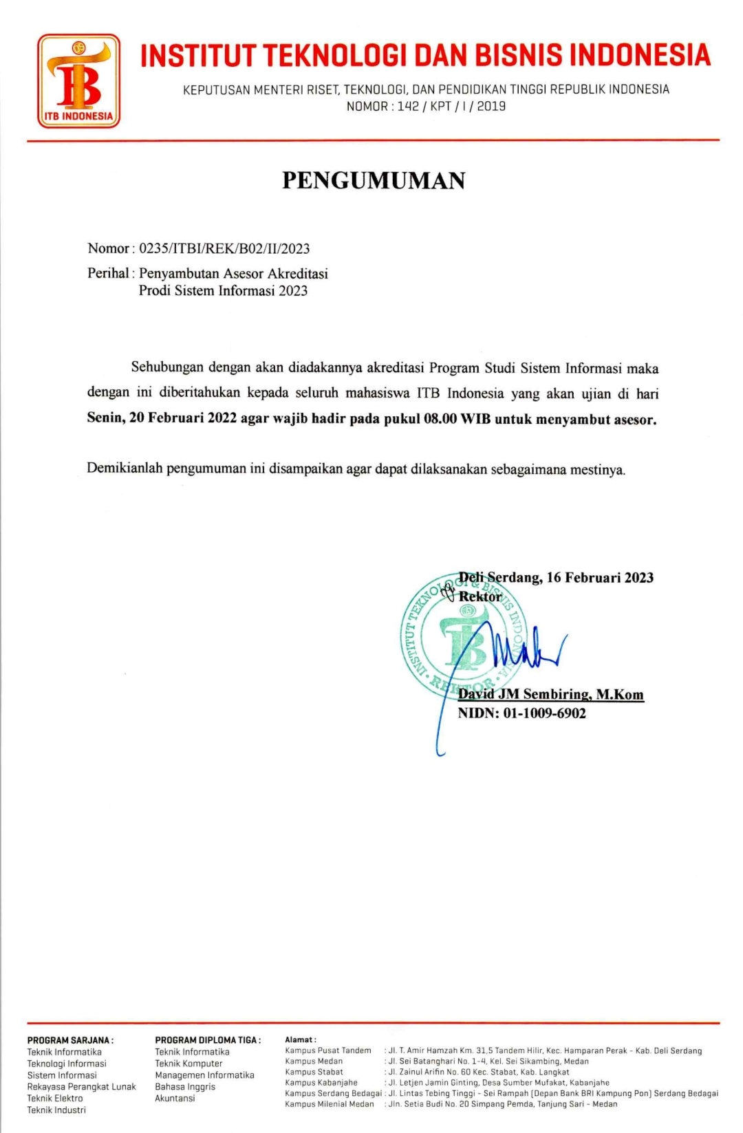 Pengumuman Penyambutan Asesor Akreditas Prodi Sistem Informasi 2023