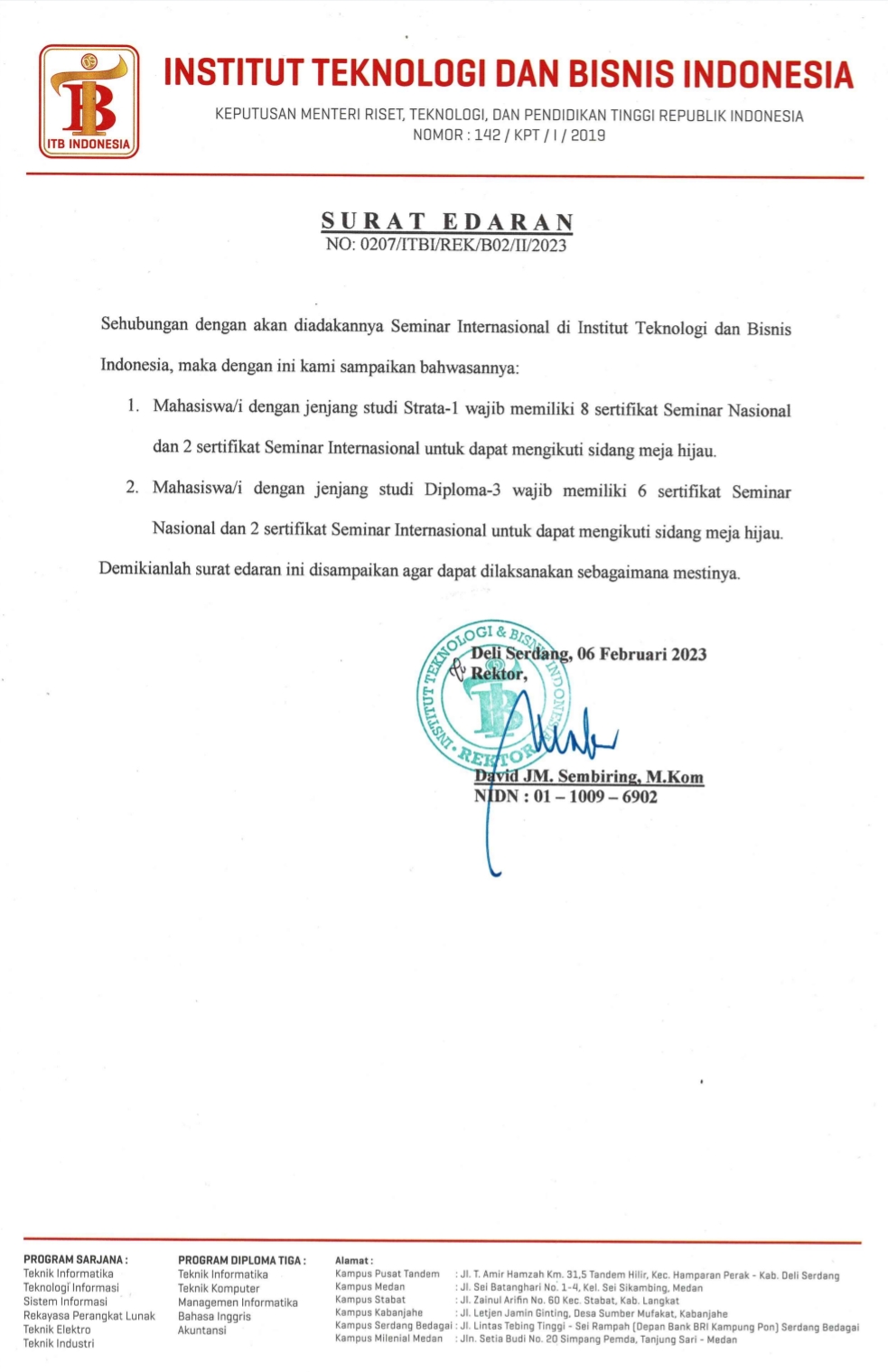 Surat Edaran Kewajiban Mahasiswa S1 dan D3 untuk mengikuti Seminar Nasional dan Internasional