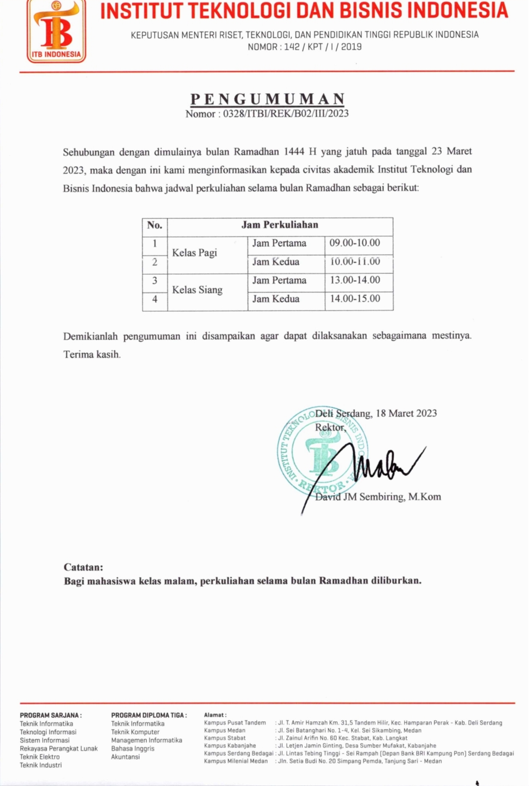 Pengumuman Jadwal Perkuliah di Bulan Ramadhan 1444 H /20223 M