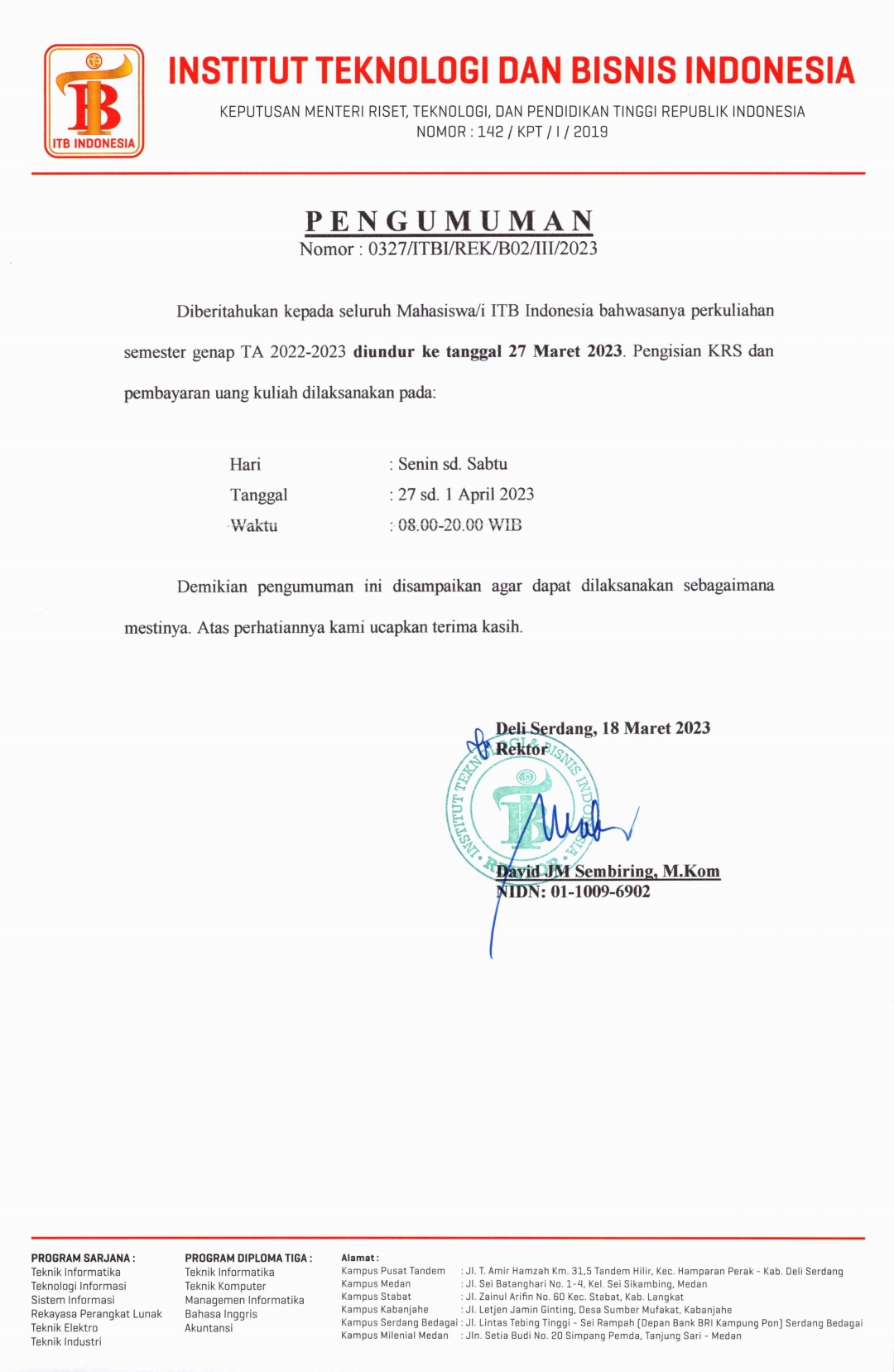 Pengumuman Pengunduran Pengisian KRS dan Pembayaran Uang Kuliah Tahun 2022