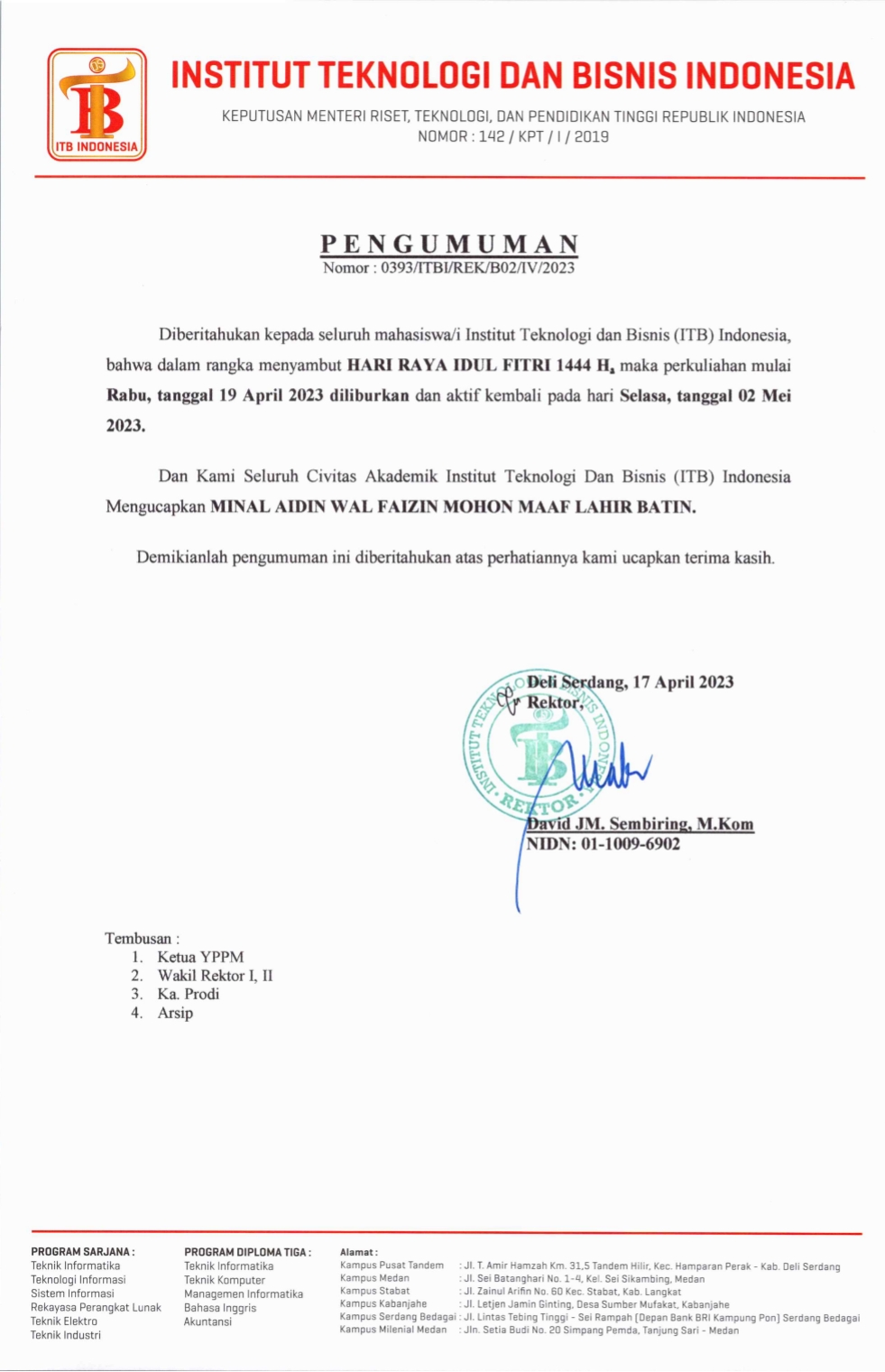 Pengumuman Libur Menyambut Hari Raya Idul Fitri 1444H/ 2023